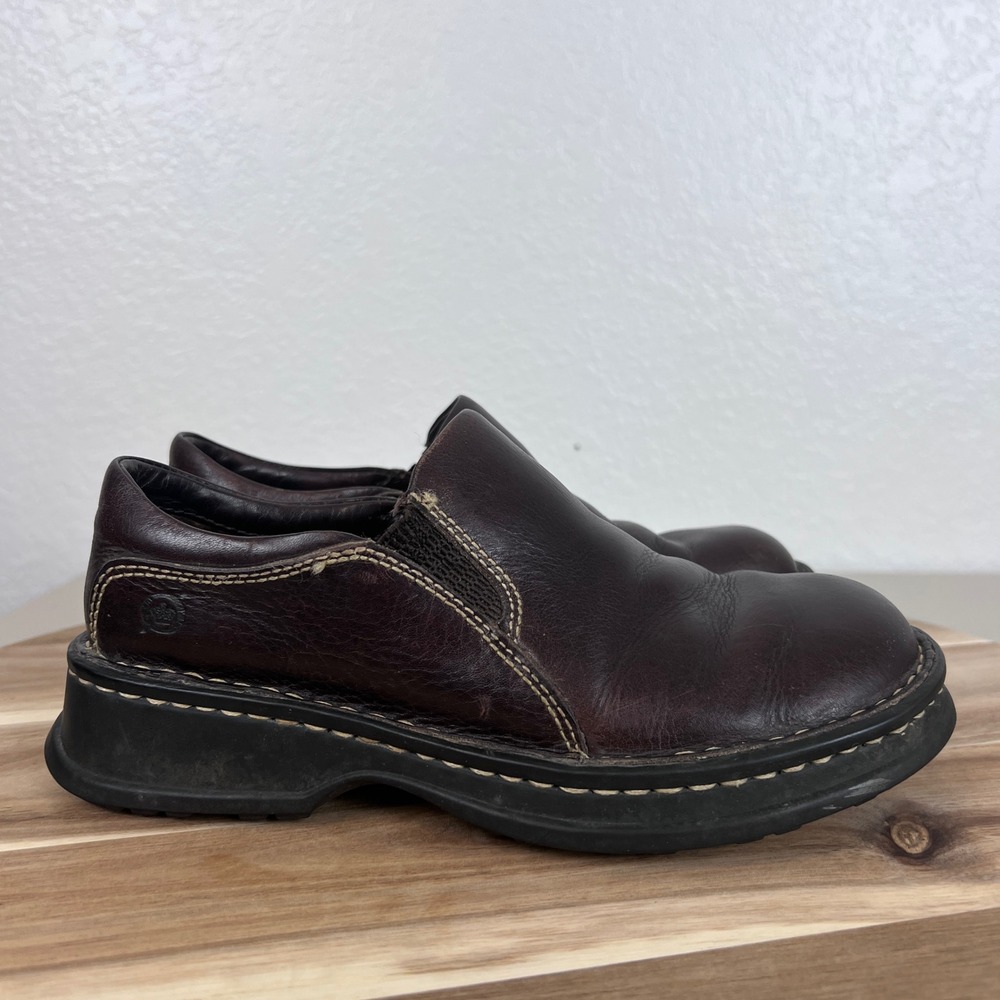 Y2K Born Loafers Womens 6 Brown Leather Slip On Chunky Clog Comfort Shoes